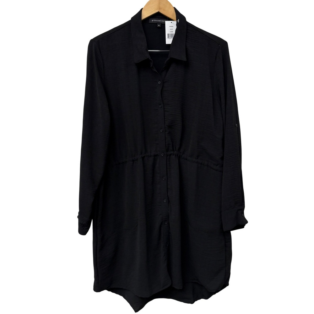 Gibsonlook Black Button Front Shirt Dress‎ Tunic  XL roll tab sleeve shirtdress